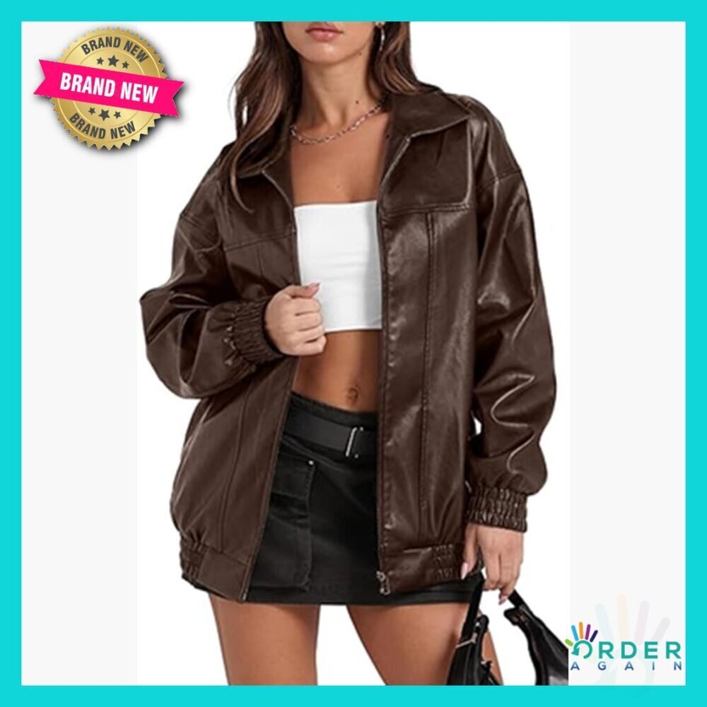 Faux Leather Bomber Jacket Loose Fit Zipper Casual Chic Outerwear Y2K